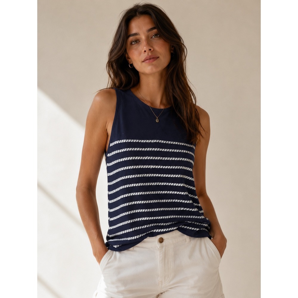 Ann Taylor Navy Blue White Striped Sleeveless Knit Shell Top XS